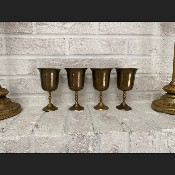 Brass Wine Goblets - Set of 4 - Vintage - Made in India - 5" Tall - Picture 2 of 9